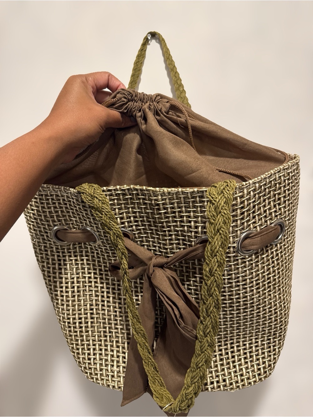 Woven Straw Tote with Olive Straps and Brown Bow / Bohemian bag / summer tote - Picture 3 of 6